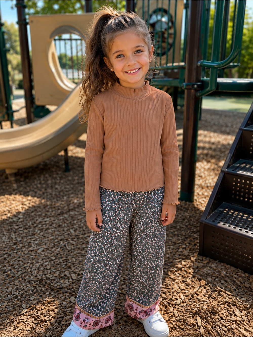 H&M Girls Long Sleeve Ribbed Top in Camel Brown with Floral wide leg pants